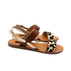Bloomingdale's Aqua Flat Strappy Sandals Gold Brown Leopard Animal Print